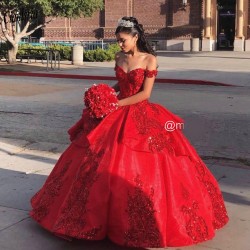 Red Sparkly Sequined Appliques Ruffles Ball Gown Quinceanera Dresses Sweetheart Off The Shoulder Sweet 15 Prom Party Dress