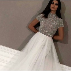 New Arrival High Neck White Evening Dresses Long Dubai Arabic Prom Gowns Silver Beading Formal Dress Party robe de soiree