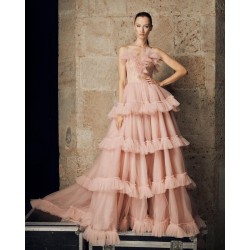 Fashion Gentlewoman Prom Dress Strapless V-Neck Cut-Out See-Through Top Layered Puffy Tulle  Floor Length Pageant Dress