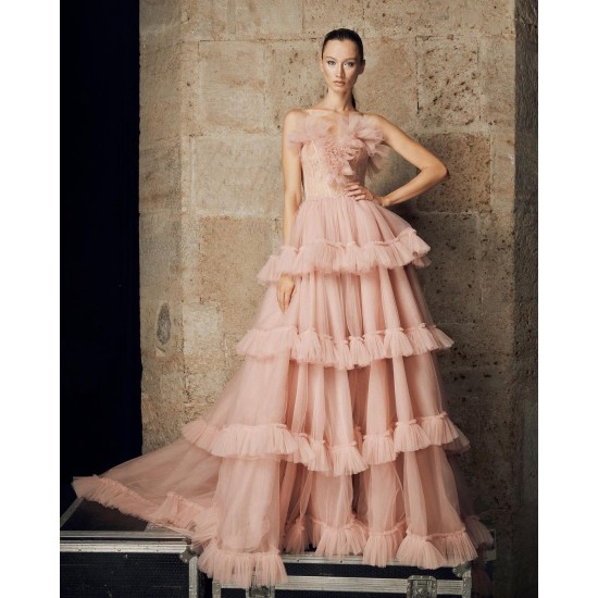 Fashion Gentlewoman Prom Dress Strapless V-Neck Cut-Out See-Through Top Layered Puffy Tulle Floor Length Pageant Dress Fashion Gentlewoman Prom Dress Strapless V-Neck Cut-Out See-Through Top Layered Puffy Tulle Floor Length Pageant Dress