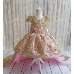 New High Quality Pink Gold Lace Beads Flower Girl Dress Cap Sleeve Infant Toddler First Birthay Dress Big Bow Headpiece