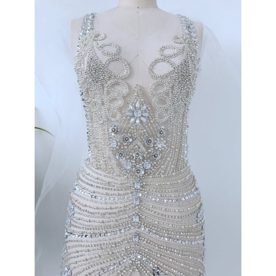Super Large Silver Luxury Rhinestone Bodice Crystal Applique Heavy Bead Handmade Bodice Patch Haute Couture Prom Bridal Super Large Silver Luxury Rhinestone Bodice Crystal Applique Heavy Bead Handmade Bodice Patch Haute Couture Prom Bridal
