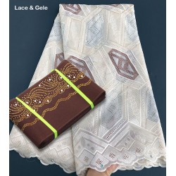 Geometric patterns embroidery African Swiss Voile lace fabric cotton 100% matching Aso Oke gele Headtie sold together