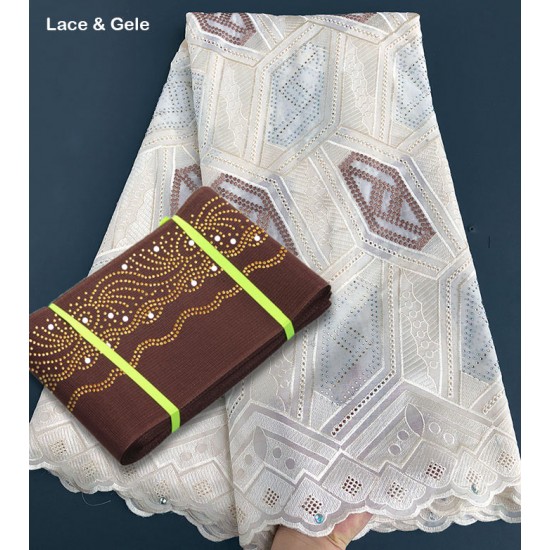 Geometric patterns embroidery African Swiss Voile lace fabric cotton 100% matching Aso Oke gele Headtie sold together Geometric patterns embroidery African Swiss Voile lace fabric cotton 100% matching Aso Oke gele Headtie sold together