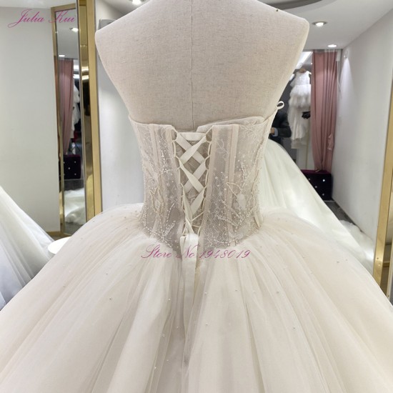 Julia Kui 100% Real Photo Strapless Ball Gown Wedding Dresses 2021 With Rhinestones And Pearls Tulle Skirt Julia Kui 100% Real Photo Strapless Ball Gown Wedding Dresses 2021 With Rhinestones And Pearls Tulle Skirt