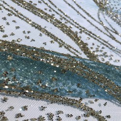 Fashion Ice Blue Gorgeous Shining Gold Glitter Sequence Mesh Sequin Lace Fabric for Evening Dress Swiss Voile Net Laces