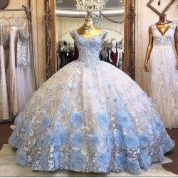 Light Sky Blue Quinceanera Dress Off Shoulder Appliques Sequins Flowers Party Princess 16 Ball Gown Vestidos De 15 Años