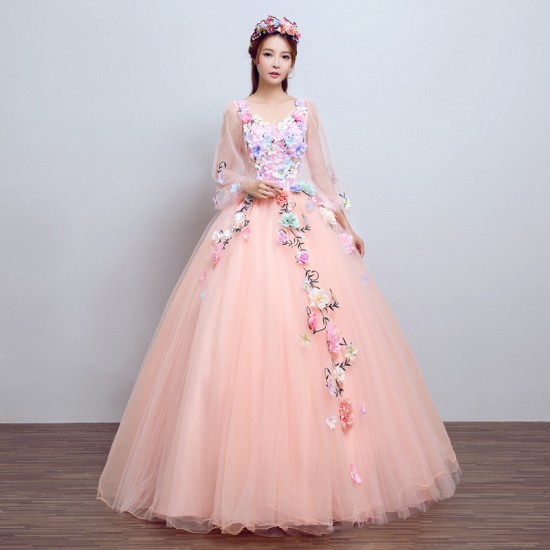 V-neck Quinceanera Dresses Long Sleeve Hand Flower Boho Wedding Party Dress Blue Gala Gowns Vestido De 15 Anos De Debutante V-neck Quinceanera Dresses Long Sleeve Hand Flower Boho Wedding Party Dress Blue Gala Gowns Vestido De 15 Anos De Debutante