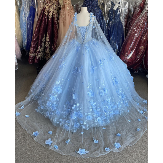 Light Sky Blue Quinceanera Dresses With Cape Sequins Beads 3D Flowers Backless Princess Sweet 16 Gown Vestidos De 15 Años Light Sky Blue Quinceanera Dresses With Cape Sequins Beads 3D Flowers Backless Princess Sweet 16 Gown Vestidos De 15 Años