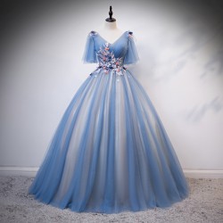 Fashion V-neck Quinceanera Dresses Vestidos Quinceanera 2021 Tulle Lace Appliques Flower Princess Gowns For Graduation Party