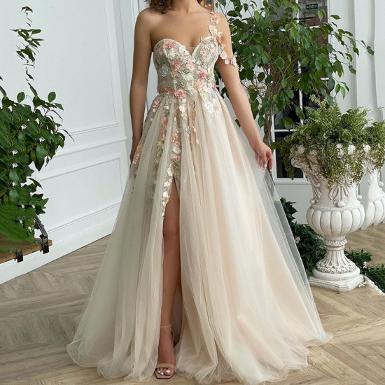 Champagne Fairy Boho Wedding Dress Colorful Lace Bride Dresses Vestidos de Noiva one Shoulder Princess Wedding Gowns Split Champagne Fairy Boho Wedding Dress Colorful Lace Bride Dresses Vestidos de Noiva one Shoulder Princess Wedding Gowns Split
