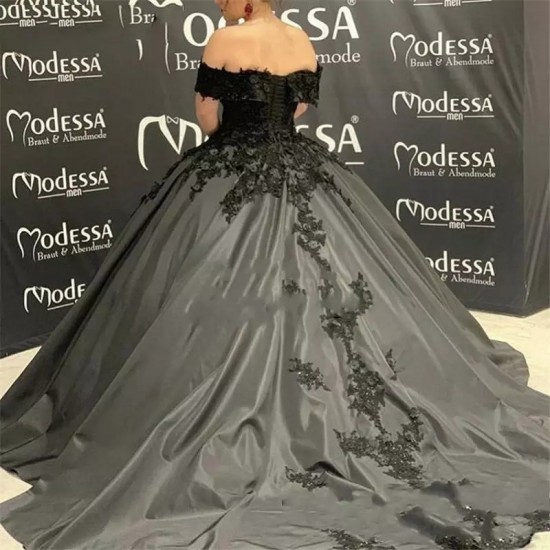 Gothic Black Wedding Dresses Ball Gown Off the Shoulder Short Sleeve Beading Lace Corset Back Vestidos de Novia Bridal Gowns Gothic Black Wedding Dresses Ball Gown Off the Shoulder Short Sleeve Beading Lace Corset Back Vestidos de Novia Bridal Gowns