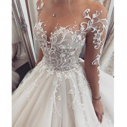 Charming Lace Wedding Dress Robe De Mariee Sheer Long Sleeve Bride Dresses Custom Made Illusion Bride Gown Vestido De Noiva