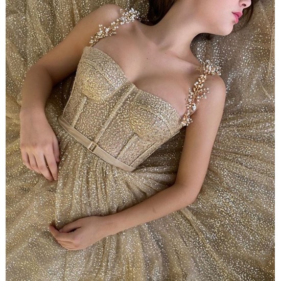 Glittery Gold Dotted Tulle Short Prom Dresses With Pockets Shiny Straps Boning A Line Tea Length Party Dress Glittery Gold Dotted Tulle Short Prom Dresses With Pockets Shiny Straps Boning A Line Tea Length Party Dress