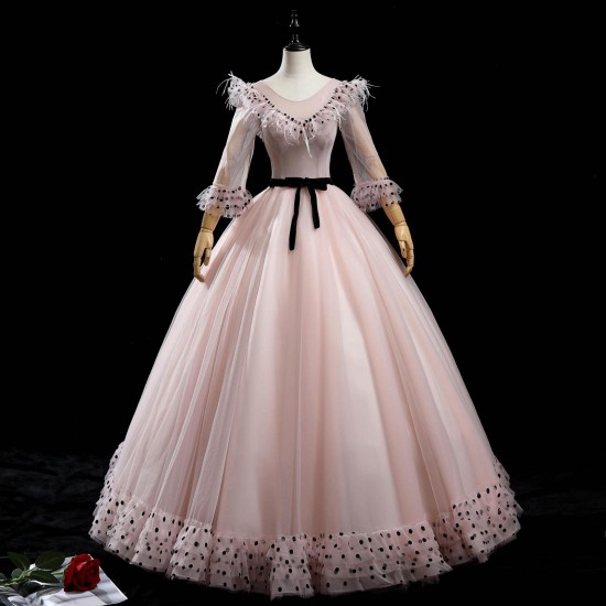 Long Sleeve Quinceanera Dress 2021 Luxury Pink Polka Dots And Feathers Party Dress Sweet Ball Gown Plus Customize Vestidos Long Sleeve Quinceanera Dress 2021 Luxury Pink Polka Dots And Feathers Party Dress Sweet Ball Gown Plus Customize Vestidos