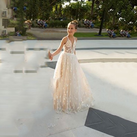 Lace Wedding Dress Princess V-cut 3D Appliques Beach Boho Mother Daughter Clothing Sleeveless Wedding Dress After Lace Wedding Dress Princess V-cut 3D Appliques Beach Boho Mother Daughter Clothing Sleeveless Wedding Dress After