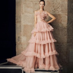 Fashion Gentlewoman Prom Dress Strapless V-Neck Cut-Out See-Through Top Layered Puffy Tulle  Floor Length Pageant Dress