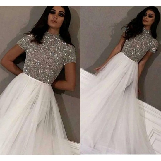 New Arrival High Neck White Evening Dresses Long Dubai Arabic Prom Gowns Silver Beading Formal Dress Party robe de soiree New Arrival High Neck White Evening Dresses Long Dubai Arabic Prom Gowns Silver Beading Formal Dress Party robe de soiree