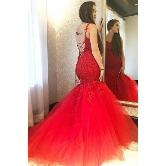 Lace Mermaid Prom Dresses Spaghetti Straps Corset Back Appliques Arabic Evening Runway Dresses Sweep Train Vestidos De Fiesta