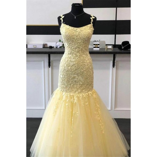 Lace Mermaid Prom Dresses Spaghetti Straps Corset Back Appliques Arabic Evening Runway Dresses Sweep Train Vestidos De Fiesta