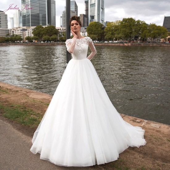 Julia Kui Vestidos de Novia Vintage Princess A Line Wedding Dress High Quality Beaded Pearls Crystals Long Sleeve Bride Dress Julia Kui Vestidos de Novia Vintage Princess A Line Wedding Dress High Quality Beaded Pearls Crystals Long Sleeve Bride Dress