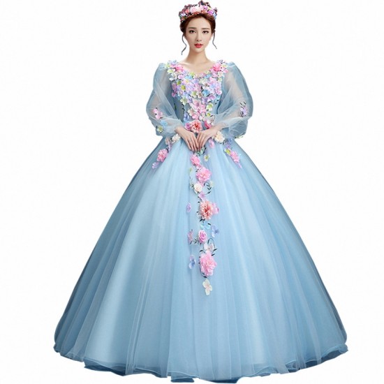 V-neck Quinceanera Dresses Long Sleeve Hand Flower Boho Wedding Party Dress Blue Gala Gowns Vestido De 15 Anos De Debutante V-neck Quinceanera Dresses Long Sleeve Hand Flower Boho Wedding Party Dress Blue Gala Gowns Vestido De 15 Anos De Debutante