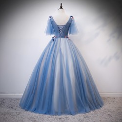 Fashion V-neck Quinceanera Dresses Vestidos Quinceanera 2021 Tulle Lace Appliques Flower Princess Gowns For Graduation Party