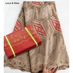 Geometric patterns embroidery African Swiss Voile lace fabric cotton 100% matching Aso Oke gele Headtie sold together