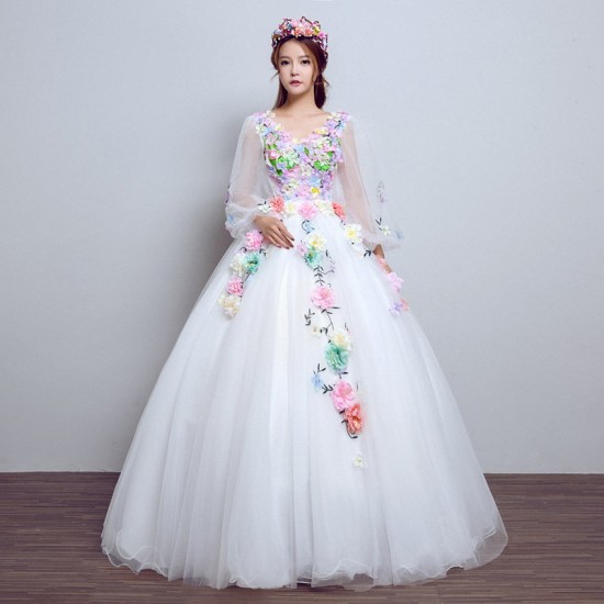 V-neck Quinceanera Dresses Long Sleeve Hand Flower Boho Wedding Party Dress Blue Gala Gowns Vestido De 15 Anos De Debutante V-neck Quinceanera Dresses Long Sleeve Hand Flower Boho Wedding Party Dress Blue Gala Gowns Vestido De 15 Anos De Debutante
