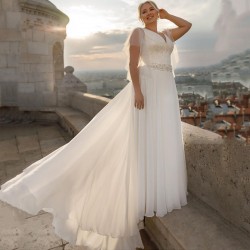 Plus Size Boho Chiffon Wedding Dress Short Sleeve V-Neck A-Line With Belt Large Size Custom Made Bridal Gown Robe De Mariee