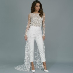 Romantic Wedding Jumpsuit with Long Train 3D Floral Appliques Lace Long Sleeves Outfit Reception Gowns Bridal Pant Suit