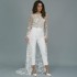 Romantic Wedding Jumpsuit with Long Train 3D Floral Appliques Lace Long Sleeves Outfit Reception Gowns Bridal Pant Suit