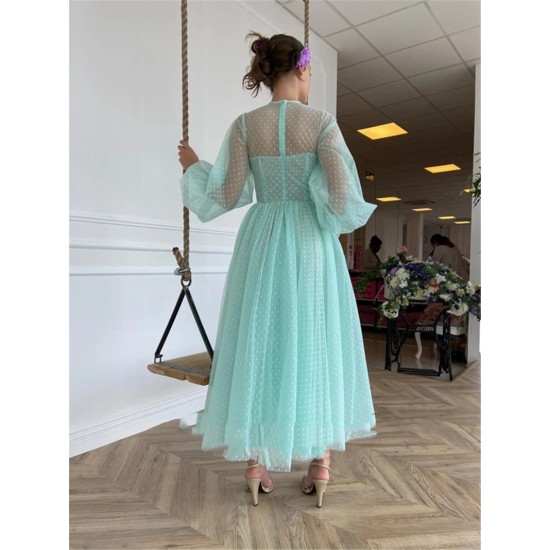 Short Evening Dress Dot Tulle Tea Length Prom Dresses Puffy Long Sleeve Wedding/Party Dress Short Evening Dress Dot Tulle Tea Length Prom Dresses Puffy Long Sleeve Wedding/Party Dress