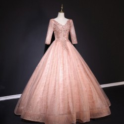 Bling Bling Pink Quinceanera Dresses Party Dress Elegant V-neck Lxuury Lace Ball Gown Classic Vestidos Customize Color