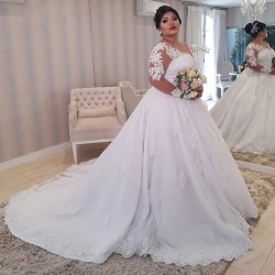 Plus size Lace Appliques Wedding Dresses Long Sleeves Lace Up Back Wedding Gowns Bride Dresses robe de mariee