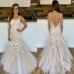 Lace Mermaid Prom Dresses Spaghetti Straps Corset Back Appliques Arabic Evening Runway Dresses Sweep Train Vestidos De Fiesta