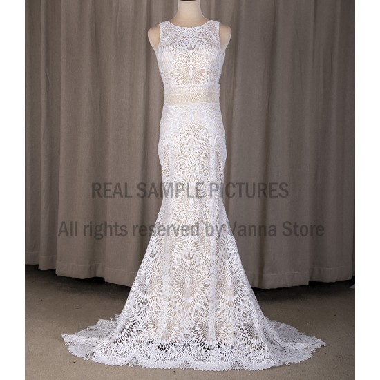 Cut Out Lace Mermaid Wedding Gown Hollow Plus Size Bodycon 2020 Crew Neck Sleeveless Sweep Train Bridal Dress Cut Out Lace Mermaid Wedding Gown Hollow Plus Size Bodycon 2020 Crew Neck Sleeveless Sweep Train Bridal Dress