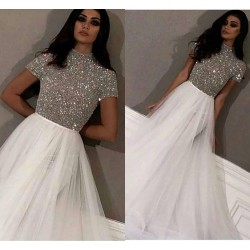 New Arrival High Neck White Evening Dresses Long Dubai Arabic Prom Gowns Silver Beading Formal Dress Party robe de soiree