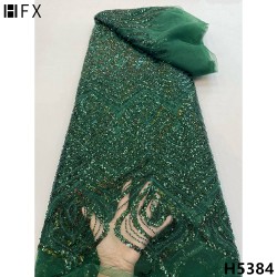 HFX Royal Blue Luxury Beaded Sequin Lace Fabric 2021 Embroidered Nigerian French Tulle Lace Fabric With Sequins Wedding F5384