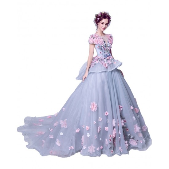 2021 New Dream Blue Gray Flower Quinceanera Dresses Long Tail Ball Gown Prom Dress Short Sleeve Applique 2021 New Dream Blue Gray Flower Quinceanera Dresses Long Tail Ball Gown Prom Dress Short Sleeve Applique