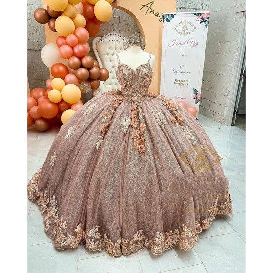 Coffee Beaded Quinceanera Dresses Sexy Spaghetti Neck Appliqued 3D Floral Sweet 16 Princess Ball Gown Pageant Gowns vestido Coffee Beaded Quinceanera Dresses Sexy Spaghetti Neck Appliqued 3D Floral Sweet 16 Princess Ball Gown Pageant Gowns vestido