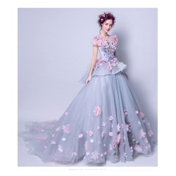 2021 New Dream Blue Gray Flower Quinceanera Dresses Long Tail Ball Gown Prom Dress Short Sleeve Applique