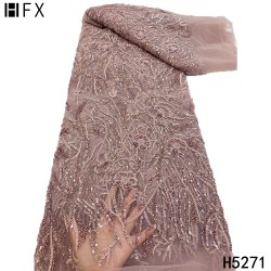 HFX Black High-End Latest Tulle Lace Fabric With Beads Luxury Evening Dress Sequins Embroidery French Lace Fabric 2021 F5271