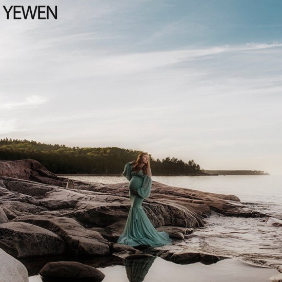 Elegant Woman Stretchy Fabric Evening Dress Long Puffy Sleeves Maternity Gown for Baby Shower Photography Dresses YEWEN Elegant Woman Stretchy Fabric Evening Dress Long Puffy Sleeves Maternity Gown for Baby Shower Photography Dresses YEWEN