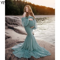 Elegant Woman Stretchy Fabric Evening Dress Long Puffy Sleeves  Maternity Gown for Baby Shower Photography Dresses YEWEN