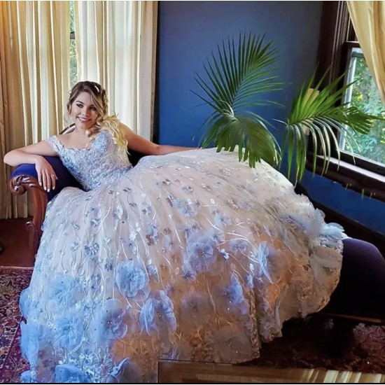 Light Sky Blue Quinceanera Dress Off Shoulder Appliques Sequins Flowers Party Princess 16 Ball Gown Vestidos De 15 Años Light Sky Blue Quinceanera Dress Off Shoulder Appliques Sequins Flowers Party Princess 16 Ball Gown Vestidos De 15 Años