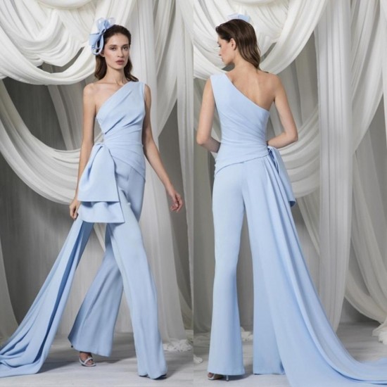 Sky Blue Prom Jumpsuit with Long Train One Shoulder Elegant Evening Dresses Ruffles Customize Vestidos Formal Robe De Soirée Sky Blue Prom Jumpsuit with Long Train One Shoulder Elegant Evening Dresses Ruffles Customize Vestidos Formal Robe De Soirée