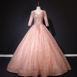 Bling Bling Pink Quinceanera Dresses Party Dress Elegant V-neck Lxuury Lace Ball Gown Classic Vestidos Customize Color