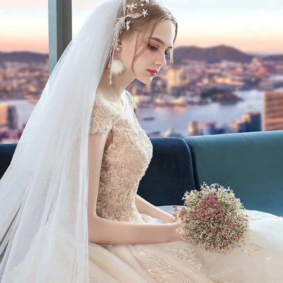 Wedding Dresses Illusion O-Neck Short Backless Sequined Beading Embroidery Tulle Lace Luxury Champagne Women Bridal Gown Wedding Dresses Illusion O-Neck Short Backless Sequined Beading Embroidery Tulle Lace Luxury Champagne Women Bridal Gown