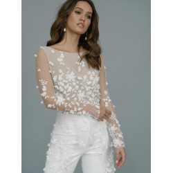 Romantic Wedding Jumpsuit with Long Train 3D Floral Appliques Lace Long Sleeves Outfit Reception Gowns Bridal Pant Suit